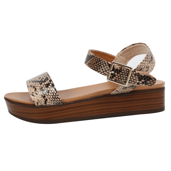 Shoes - Natural Python Open Ankle Strap Stacked Platform